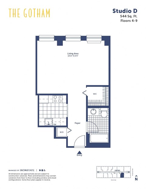 Floor plan for studio, 1 bath, 544 sqft